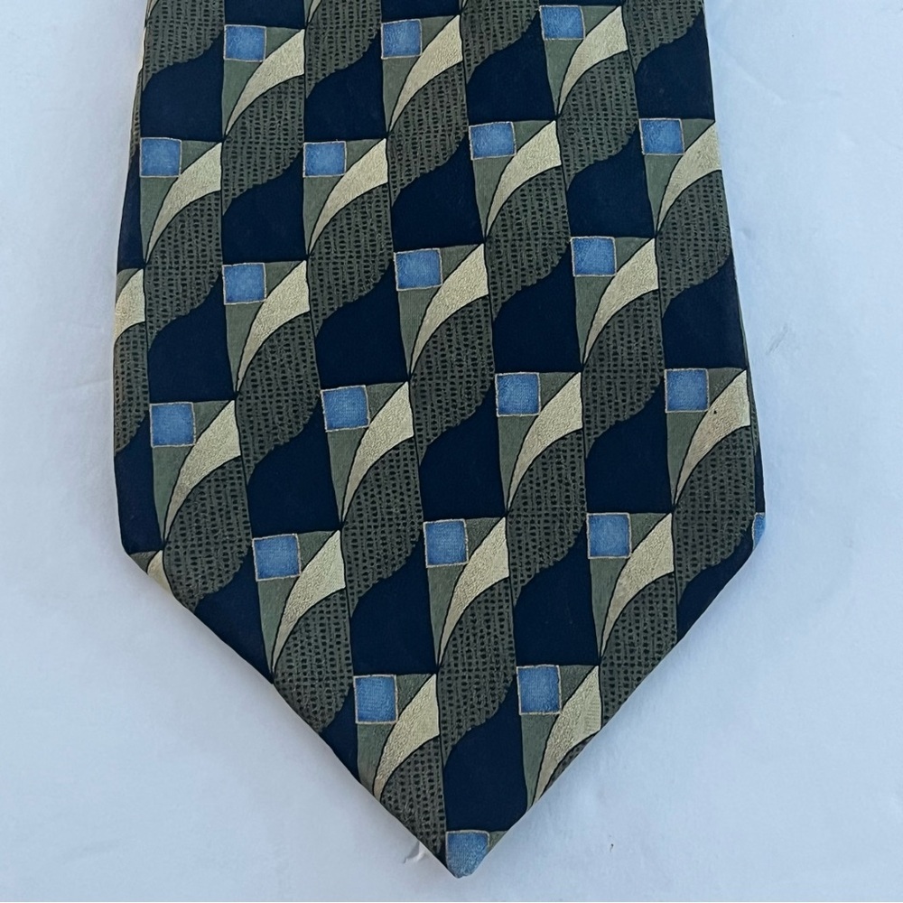 Facets Abstract Green And Blue Print 100% Silk Tie